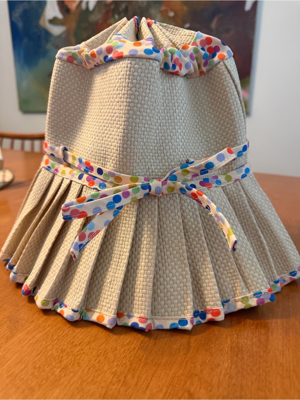 Beige Pleated Sun Hat with Multicolor Polka Dot Trim